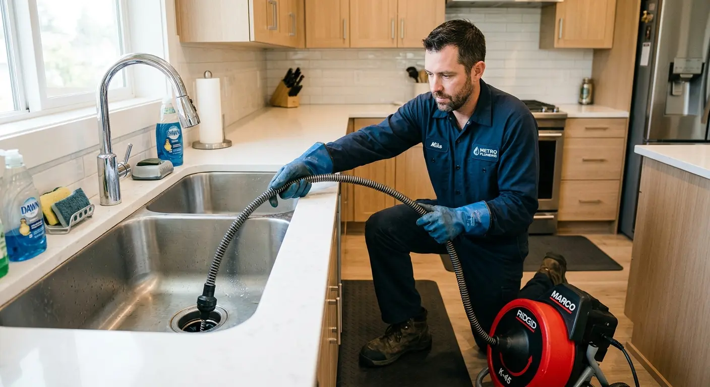 Drain cleaning technician using a motorized snake on a kitchen sink in Fox Lake
