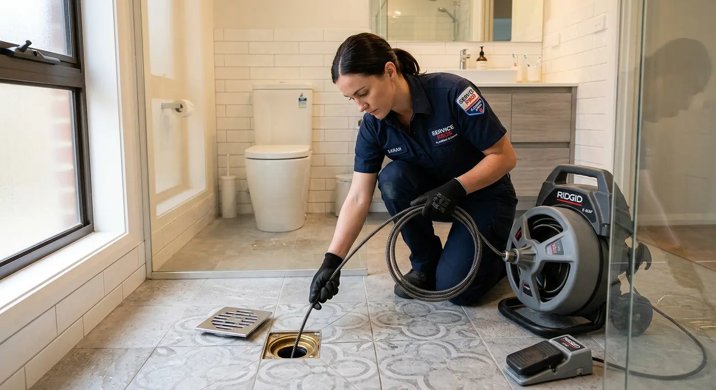 Technician clearing a bathroom floor drain for Sewer Line Installation in Fox Lake